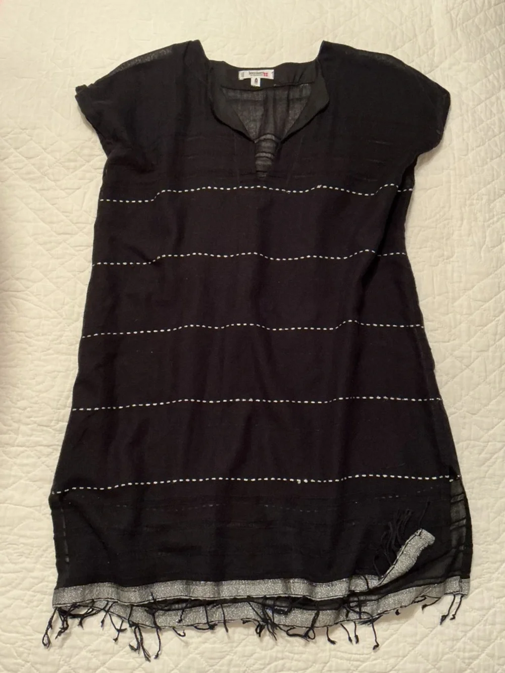 Lemlem Tikuri Tunic Swim Coverup Dress, Black, Silver Thread & Fringe Hem, Small - Picture 1 of 14